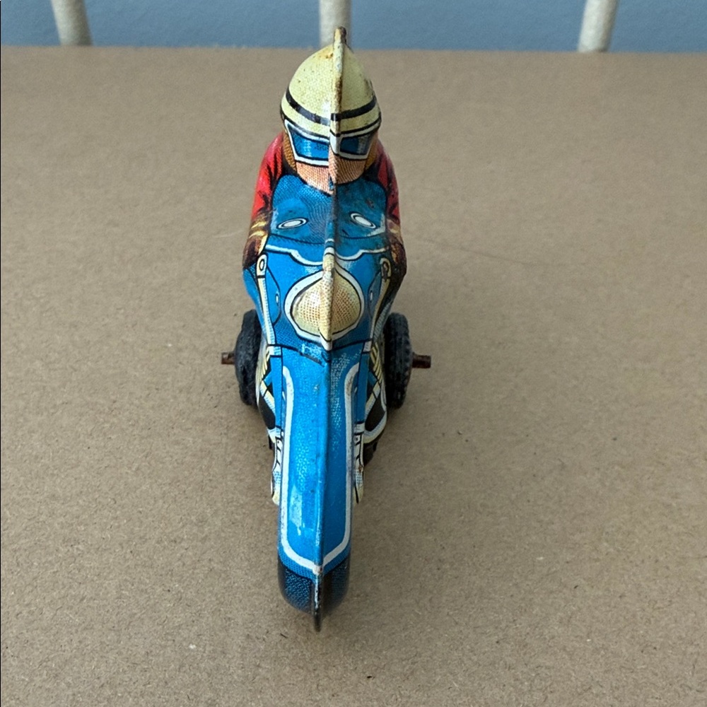 Vintage Small Tin Motorcycle Toy with Blue and Red Accents - Picture 3 of 5